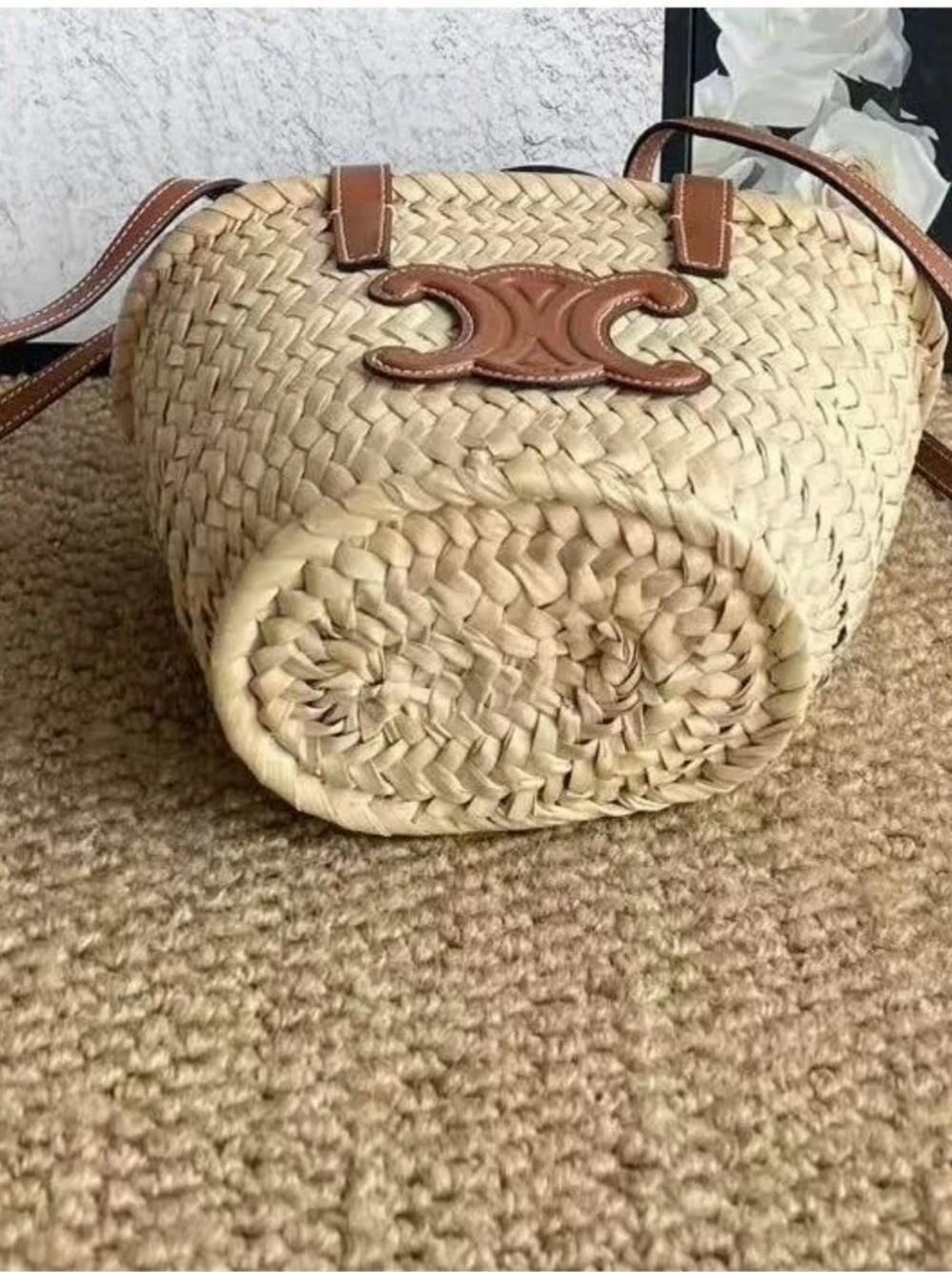 Celine Natural Straw Tote with Brown Leather Trim